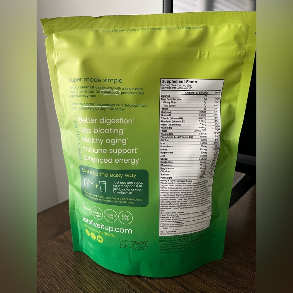 New! Live it Up Super Greens Supplement Exp 1/27 - Picture 2 of 5